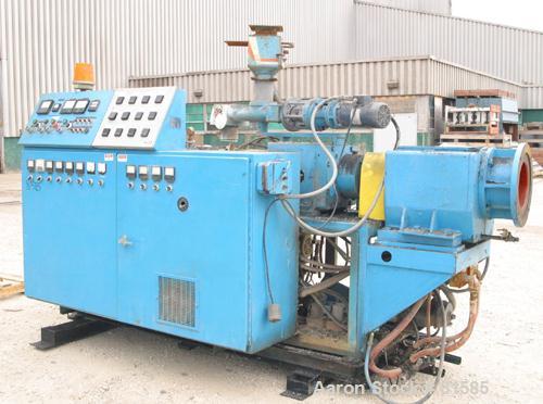 Used American Maplan Approximate 62mm Counter-Rotating Twin Screw Extruder, Model DSK62. (2) 2.44" Diameter x 48" long intermeshing tapered screws. Electrically heated, water cooled 4 zone vented bar...