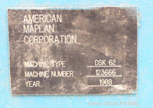 Used American Maplan Approximate 62mm Counter-Rotating Twin Screw Extruder, Model DSK62. (2) 2.44" Diameter x 48" long intermeshing tapered screws. Electrically heated, water cooled 4 zone vented bar...