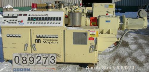 USED: American Maplan conical counter-rotating twin screw extruder, 62 mm, model DSK62. Approximate 47.1:1 gearbox ratio. Built-in oil heating and cooling with tank, heat exchanger and pump. 4 zone t...