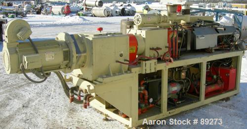 USED: American Maplan conical counter-rotating twin screw extruder, 62 mm, model DSK62. Approximate 47.1:1 gearbox ratio. Built-in oil heating and cooling with tank, heat exchanger and pump. 4 zone t...