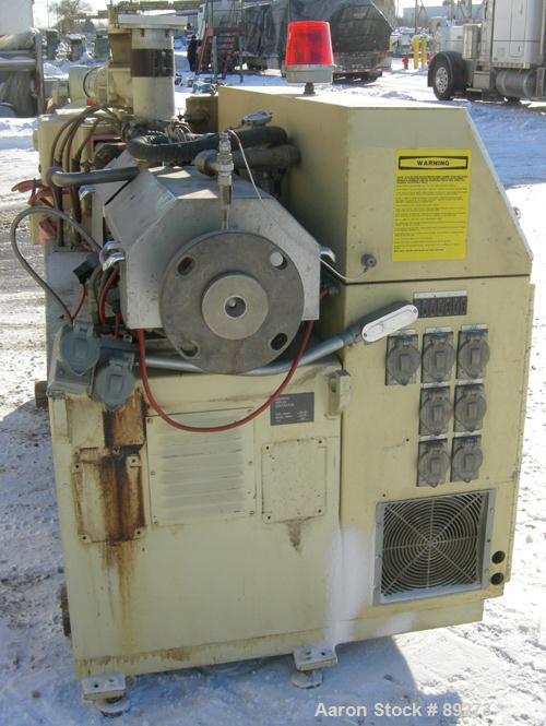 USED: American Maplan conical counter-rotating twin screw extruder, 62 mm, model DSK62. Approximate 47.1:1 gearbox ratio. Built-in oil heating and cooling with tank, heat exchanger and pump. 4 zone t...