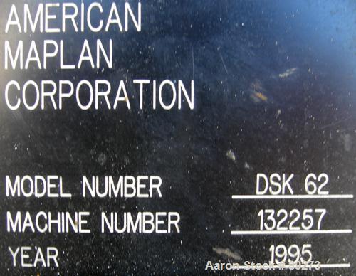 USED: American Maplan conical counter-rotating twin screw extruder, 62 mm, model DSK62. Approximate 47.1:1 gearbox ratio. Built-in oil heating and cooling with tank, heat exchanger and pump. 4 zone t...