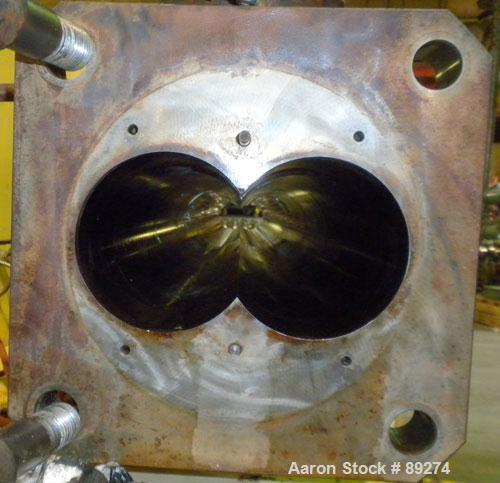 USED: American Maplan conical counter-rotating twin screw, 62 mm, model DSK62. Approximate 47.1:1 gearbox ratio. Built-in oil heating and cooling with tank, heat exchanger and pump. 4 zone top vented...