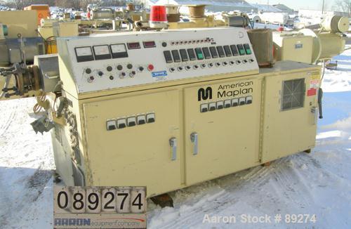USED: American Maplan conical counter-rotating twin screw, 62 mm, model DSK62. Approximate 47.1:1 gearbox ratio. Built-in oil heating and cooling with tank, heat exchanger and pump. 4 zone top vented...