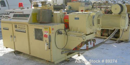 USED: American Maplan conical counter-rotating twin screw, 62 mm, model DSK62. Approximate 47.1:1 gearbox ratio. Built-in oil heating and cooling with tank, heat exchanger and pump. 4 zone top vented...