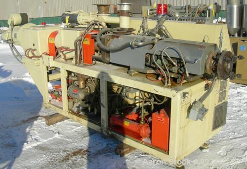 USED: American Maplan conical counter-rotating twin screw, 62 mm, model DSK62. Approximate 47.1:1 gearbox ratio. Built-in oil heating and cooling with tank, heat exchanger and pump. 4 zone top vented...