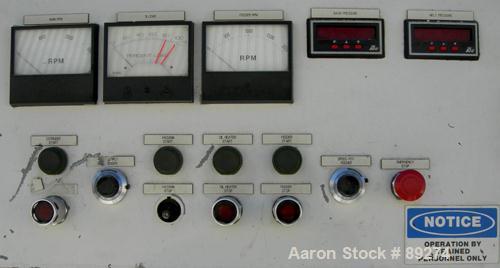 USED: American Maplan conical counter-rotating twin screw, 62 mm, model DSK62. Approximate 47.1:1 gearbox ratio. Built-in oil heating and cooling with tank, heat exchanger and pump. 4 zone top vented...