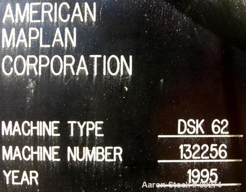 USED: American Maplan conical counter-rotating twin screw, 62 mm, model DSK62. Approximate 47.1:1 gearbox ratio. Built-in oil heating and cooling with tank, heat exchanger and pump. 4 zone top vented...