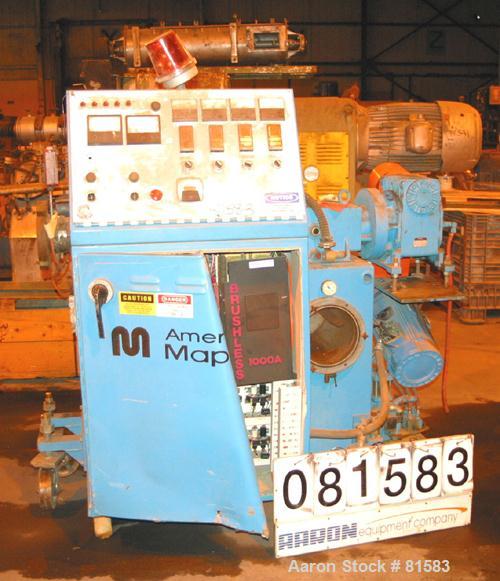 USED: American Maplan approx 40mm counter-rotating, intermeshing twin screw extruder. (2) 1.57" diameter x 19" long screws. Electrically heated, air cooled 2 zone vented barrel. Water cooled feed thr...