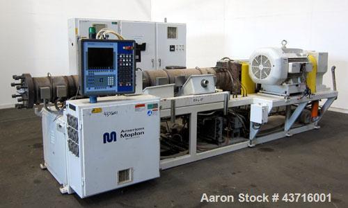 Used American Maplan 110mm Counter-Rotating Twin Screw Extruder, Model TS-110.  Approximate 26 to 1 L/D ratio.  Top vented barrel with electrically heated 1 and 2 barrel zones, zones 3, 4, and 5 offe...