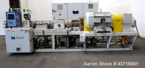 Used American Maplan 110mm Counter-Rotating Twin Screw Extruder, Model TS-110.  Approximate 26 to 1 L/D ratio.  Top vented barrel with electrically heated 1 and 2 barrel zones, zones 3, 4, and 5 offe...