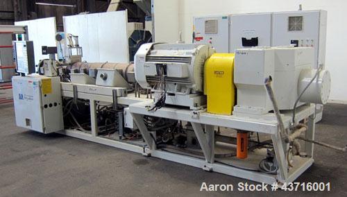 Used American Maplan 110mm Counter-Rotating Twin Screw Extruder, Model TS-110.  Approximate 26 to 1 L/D ratio.  Top vented barrel with electrically heated 1 and 2 barrel zones, zones 3, 4, and 5 offe...