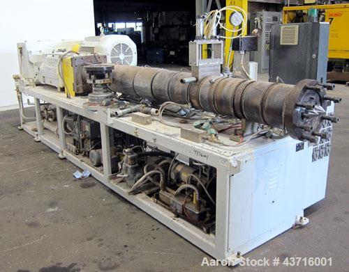 Used American Maplan 110mm Counter-Rotating Twin Screw Extruder, Model TS-110.  Approximate 26 to 1 L/D ratio.  Top vented barrel with electrically heated 1 and 2 barrel zones, zones 3, 4, and 5 offe...