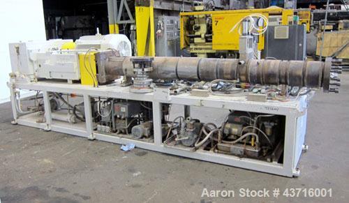 Used American Maplan 110mm Counter-Rotating Twin Screw Extruder, Model TS-110.  Approximate 26 to 1 L/D ratio.  Top vented barrel with electrically heated 1 and 2 barrel zones, zones 3, 4, and 5 offe...