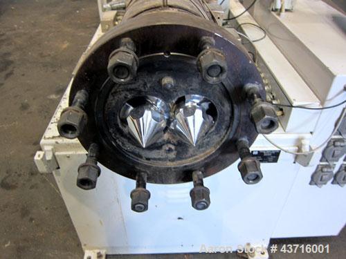 Used American Maplan 110mm Counter-Rotating Twin Screw Extruder, Model TS-110.  Approximate 26 to 1 L/D ratio.  Top vented barrel with electrically heated 1 and 2 barrel zones, zones 3, 4, and 5 offe...