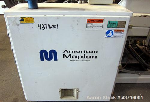Used American Maplan 110mm Counter-Rotating Twin Screw Extruder, Model TS-110.  Approximate 26 to 1 L/D ratio.  Top vented barrel with electrically heated 1 and 2 barrel zones, zones 3, 4, and 5 offe...