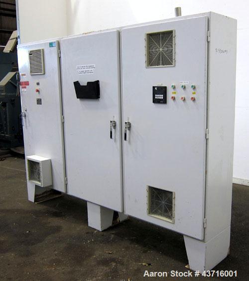 Used American Maplan 110mm Counter-Rotating Twin Screw Extruder, Model TS-110.  Approximate 26 to 1 L/D ratio.  Top vented barrel with electrically heated 1 and 2 barrel zones, zones 3, 4, and 5 offe...