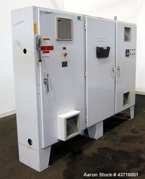 Used American Maplan 110mm Counter-Rotating Twin Screw Extruder, Model TS-110.  Approximate 26 to 1 L/D ratio.  Top vented barrel with electrically heated 1 and 2 barrel zones, zones 3, 4, and 5 offe...