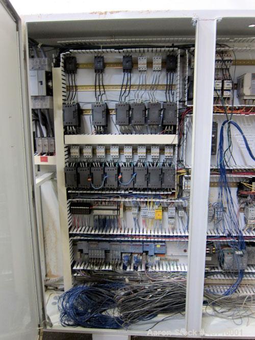Used American Maplan 110mm Counter-Rotating Twin Screw Extruder, Model TS-110.  Approximate 26 to 1 L/D ratio.  Top vented barrel with electrically heated 1 and 2 barrel zones, zones 3, 4, and 5 offe...