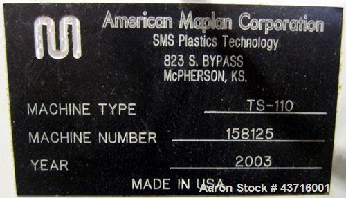 Used American Maplan 110mm Counter-Rotating Twin Screw Extruder, Model TS-110.  Approximate 26 to 1 L/D ratio.  Top vented barrel with electrically heated 1 and 2 barrel zones, zones 3, 4, and 5 offe...