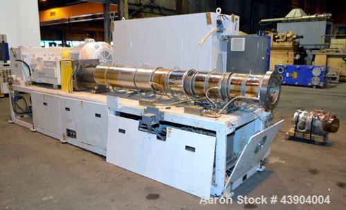 Used American Maplan 110 mm Counter-Rotating Twin Screw Extruder, Model TS-110. Approximately 26 to 1 L/D ratio. Top vented barrel with electrically heated 1 and 2 barrel zones, zones 3, 4, and 5 off...