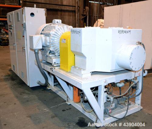 Used American Maplan 110 mm Counter-Rotating Twin Screw Extruder, Model TS-110. Approximately 26 to 1 L/D ratio. Top vented barrel with electrically heated 1 and 2 barrel zones, zones 3, 4, and 5 off...