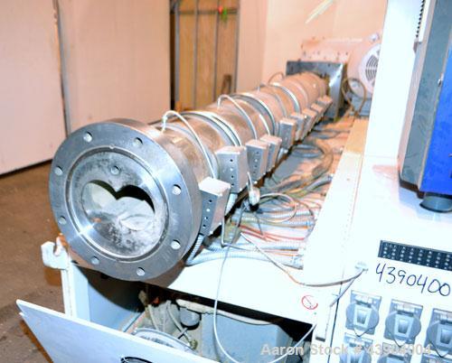 Used American Maplan 110 mm Counter-Rotating Twin Screw Extruder, Model TS-110. Approximately 26 to 1 L/D ratio. Top vented barrel with electrically heated 1 and 2 barrel zones, zones 3, 4, and 5 off...