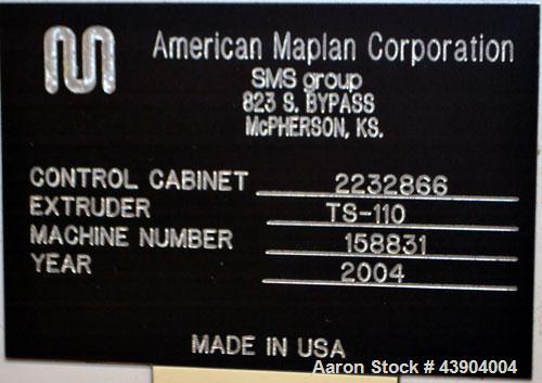 Used American Maplan 110 mm Counter-Rotating Twin Screw Extruder, Model TS-110. Approximately 26 to 1 L/D ratio. Top vented barrel with electrically heated 1 and 2 barrel zones, zones 3, 4, and 5 off...