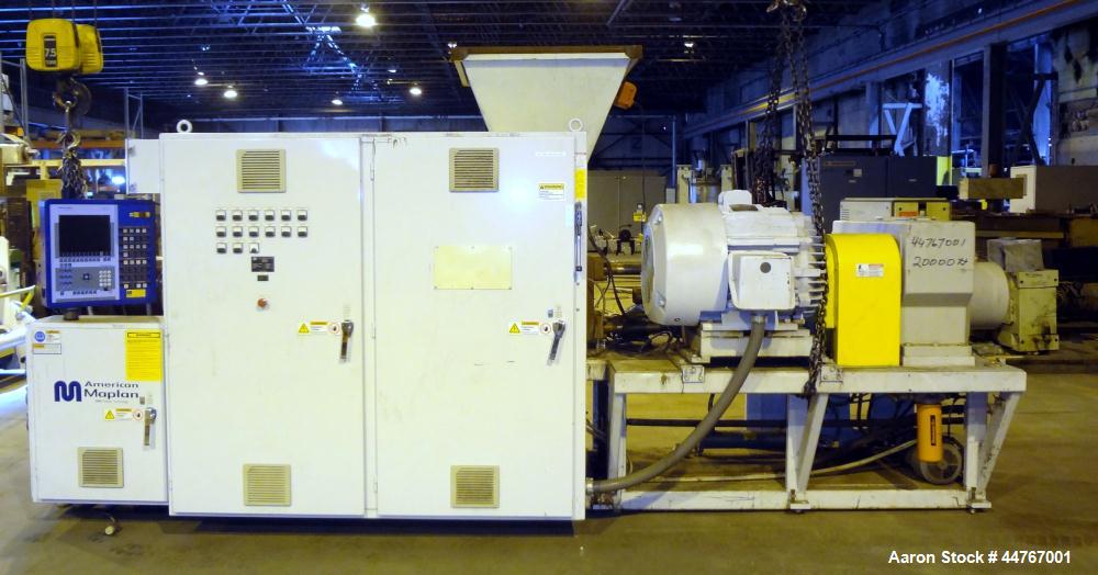 Used American Maplan 110 mm Counter-Rotating Twin Screw Extruder, Model TS-110. Approximately 26 to 1 L/D ratio. Top vented barrel with electrically heated 1 and 2 barrel zones, zones 3, 4, and 5 off...