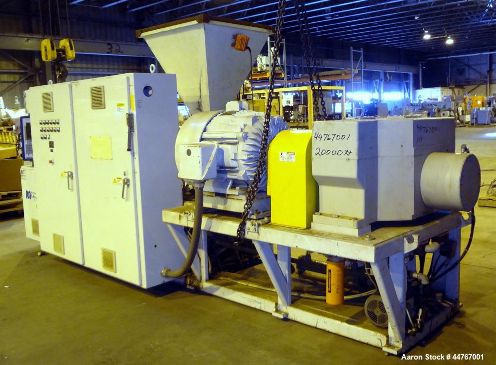 Used American Maplan 110 mm Counter-Rotating Twin Screw Extruder, Model TS-110. Approximately 26 to 1 L/D ratio. Top vented barrel with electrically heated 1 and 2 barrel zones, zones 3, 4, and 5 off...
