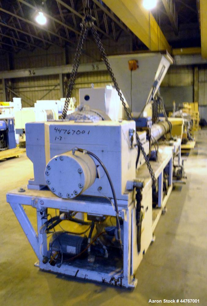Used American Maplan 110 mm Counter-Rotating Twin Screw Extruder, Model TS-110. Approximately 26 to 1 L/D ratio. Top vented barrel with electrically heated 1 and 2 barrel zones, zones 3, 4, and 5 off...