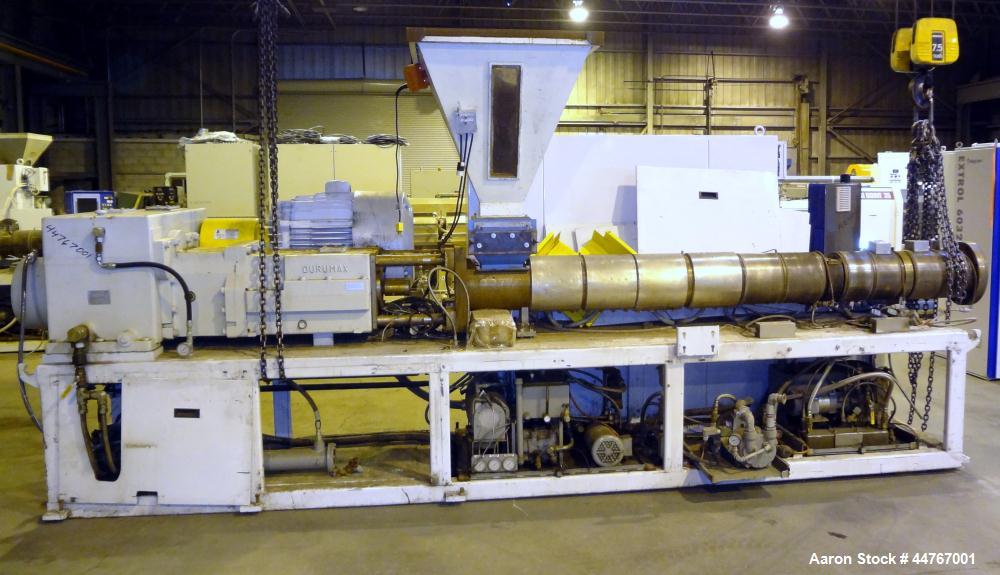 Used American Maplan 110 mm Counter-Rotating Twin Screw Extruder, Model TS-110. Approximately 26 to 1 L/D ratio. Top vented barrel with electrically heated 1 and 2 barrel zones, zones 3, 4, and 5 off...