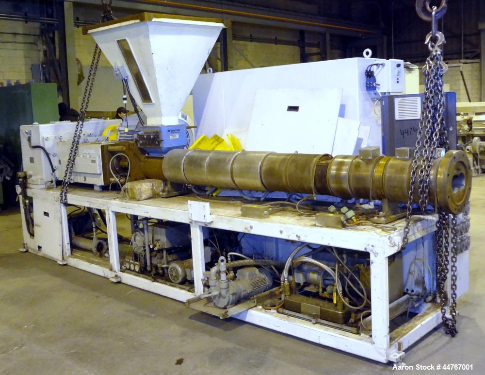 Used American Maplan 110 mm Counter-Rotating Twin Screw Extruder, Model TS-110. Approximately 26 to 1 L/D ratio. Top vented barrel with electrically heated 1 and 2 barrel zones, zones 3, 4, and 5 off...