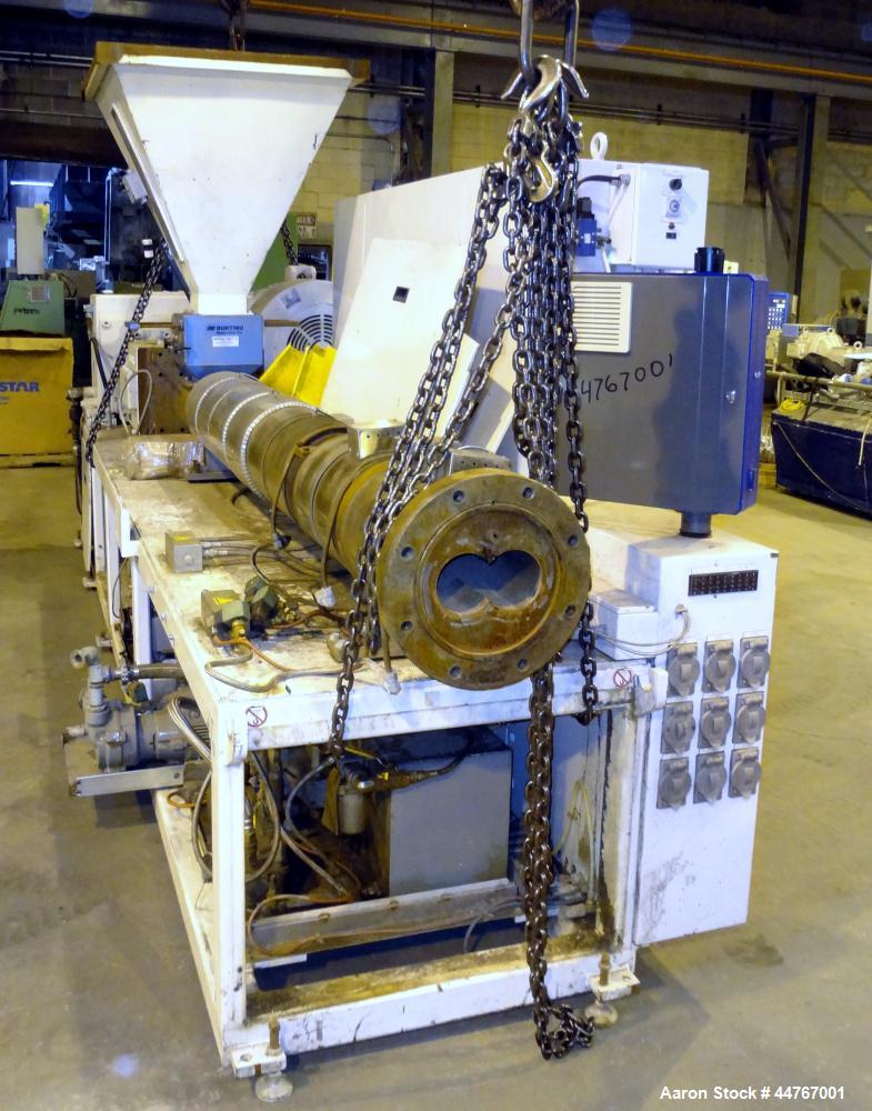 Used American Maplan 110 mm Counter-Rotating Twin Screw Extruder, Model TS-110. Approximately 26 to 1 L/D ratio. Top vented barrel with electrically heated 1 and 2 barrel zones, zones 3, 4, and 5 off...