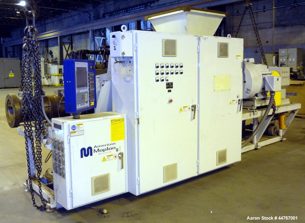 Used American Maplan 110 mm Counter-Rotating Twin Screw Extruder, Model TS-110. Approximately 26 to 1 L/D ratio. Top vented barrel with electrically heated 1 and 2 barrel zones, zones 3, 4, and 5 off...