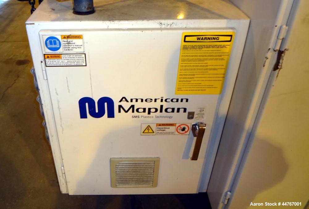 Used American Maplan 110 mm Counter-Rotating Twin Screw Extruder, Model TS-110. Approximately 26 to 1 L/D ratio. Top vented barrel with electrically heated 1 and 2 barrel zones, zones 3, 4, and 5 off...