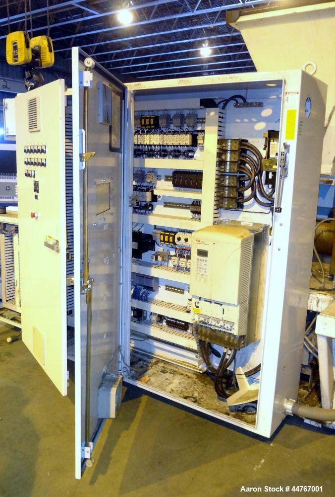 Used American Maplan 110 mm Counter-Rotating Twin Screw Extruder, Model TS-110. Approximately 26 to 1 L/D ratio. Top vented barrel with electrically heated 1 and 2 barrel zones, zones 3, 4, and 5 off...