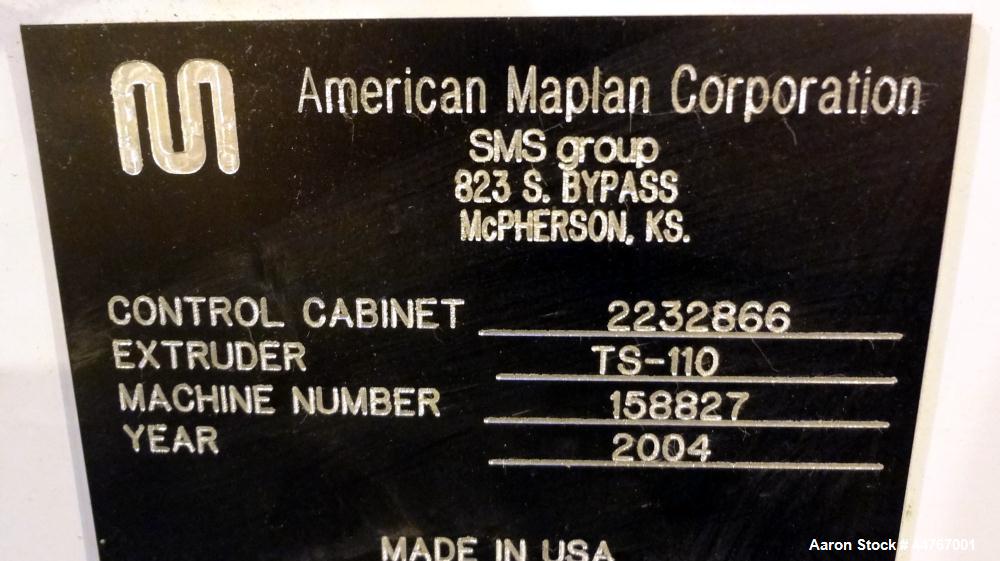 Used American Maplan 110 mm Counter-Rotating Twin Screw Extruder, Model TS-110. Approximately 26 to 1 L/D ratio. Top vented barrel with electrically heated 1 and 2 barrel zones, zones 3, 4, and 5 off...