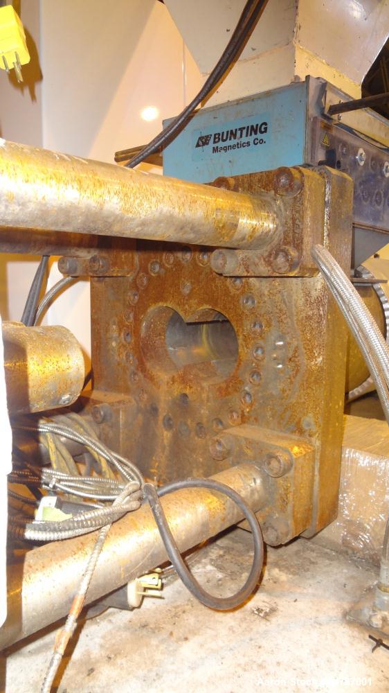 Used American Maplan 110 mm Counter-Rotating Twin Screw Extruder, Model TS-110. Approximately 26 to 1 L/D ratio. Top vented barrel with electrically heated 1 and 2 barrel zones, zones 3, 4, and 5 off...
