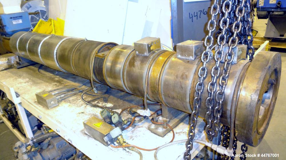 Used American Maplan 110 mm Counter-Rotating Twin Screw Extruder, Model TS-110. Approximately 26 to 1 L/D ratio. Top vented barrel with electrically heated 1 and 2 barrel zones, zones 3, 4, and 5 off...
