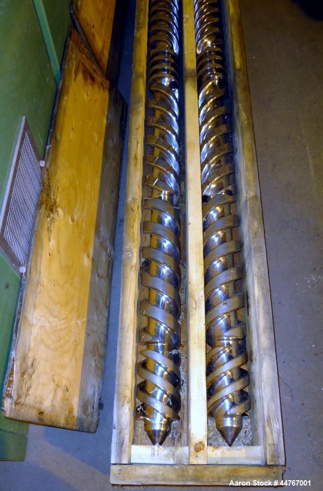 Used American Maplan 110 mm Counter-Rotating Twin Screw Extruder, Model TS-110. Approximately 26 to 1 L/D ratio. Top vented barrel with electrically heated 1 and 2 barrel zones, zones 3, 4, and 5 off...