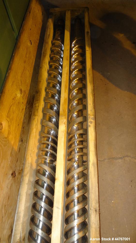 Used American Maplan 110 mm Counter-Rotating Twin Screw Extruder, Model TS-110. Approximately 26 to 1 L/D ratio. Top vented barrel with electrically heated 1 and 2 barrel zones, zones 3, 4, and 5 off...