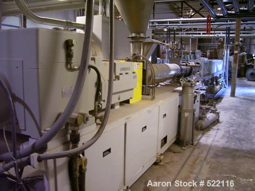 USED: American Maplin model TS-110 counter-rotating twin screw extruder. 110 mm screw diameter. Unit vented and equipped with X800 barrel and T/C screws, double compression. Unit driven by a 125 Vect...