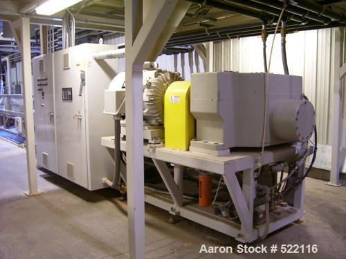 USED: American Maplin model TS-110 counter-rotating twin screw extruder. 110 mm screw diameter. Unit vented and equipped with X800 barrel and T/C screws, double compression. Unit driven by a 125 Vect...