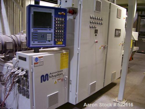 USED: American Maplin model TS-110 counter-rotating twin screw extruder. 110 mm screw diameter. Unit vented and equipped with X800 barrel and T/C screws, double compression. Unit driven by a 125 Vect...