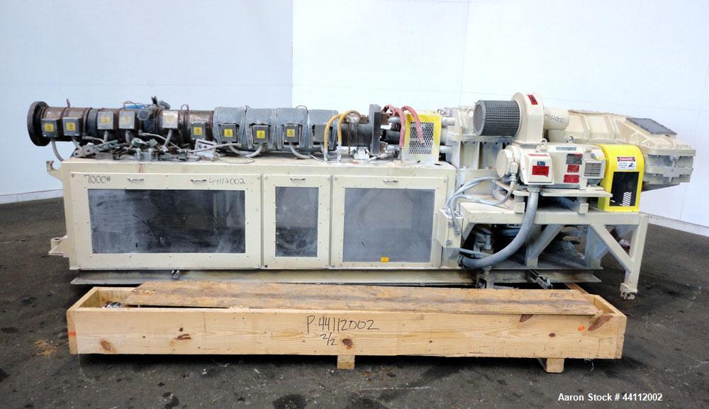 Used American Maplan 88mm Counter-Rotating Twin Screw Extruder, Model TS-88. Approximate 24 to 1 L/D ratio. (10) barrel zones, (1) section top vented, Electrically heated, liquid cooled. (2) Intermes...