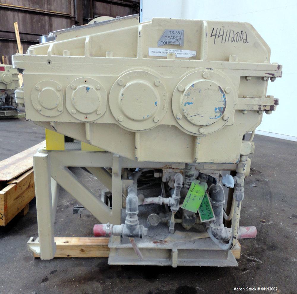 Used American Maplan 88mm Counter-Rotating Twin Screw Extruder, Model TS-88. Approximate 24 to 1 L/D ratio. (10) barrel zones, (1) section top vented, Electrically heated, liquid cooled. (2) Intermes...