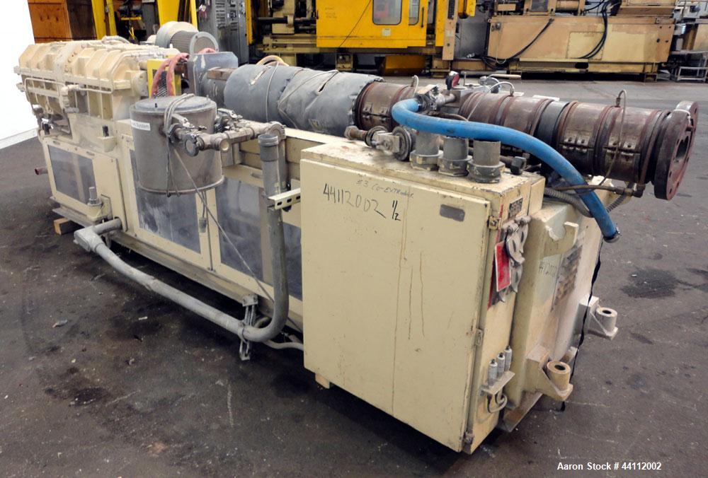 Used American Maplan 88mm Counter-Rotating Twin Screw Extruder, Model TS-88. Approximate 24 to 1 L/D ratio. (10) barrel zones, (1) section top vented, Electrically heated, liquid cooled. (2) Intermes...