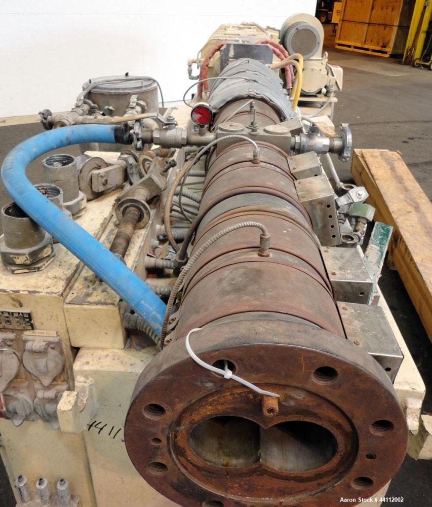 Used American Maplan 88mm Counter-Rotating Twin Screw Extruder, Model TS-88. Approximate 24 to 1 L/D ratio. (10) barrel zones, (1) section top vented, Electrically heated, liquid cooled. (2) Intermes...