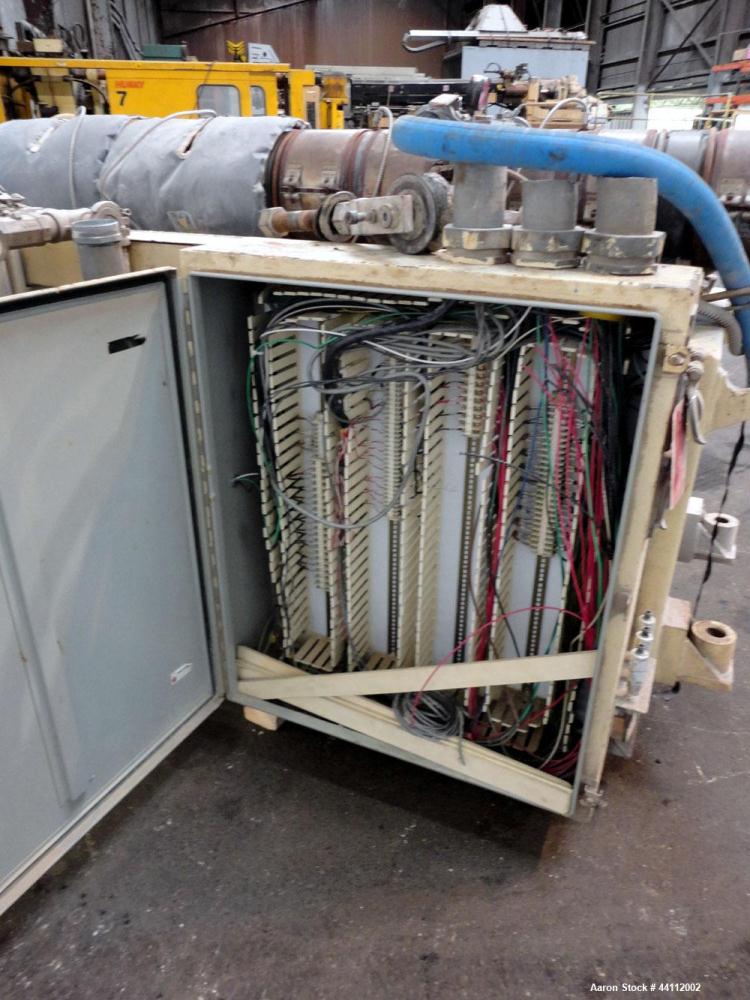 Used American Maplan 88mm Counter-Rotating Twin Screw Extruder, Model TS-88. Approximate 24 to 1 L/D ratio. (10) barrel zones, (1) section top vented, Electrically heated, liquid cooled. (2) Intermes...